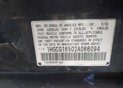 2002 Honda Accord 3.0 Ex from USA, damaged, VIN 1HGCG16502A066094